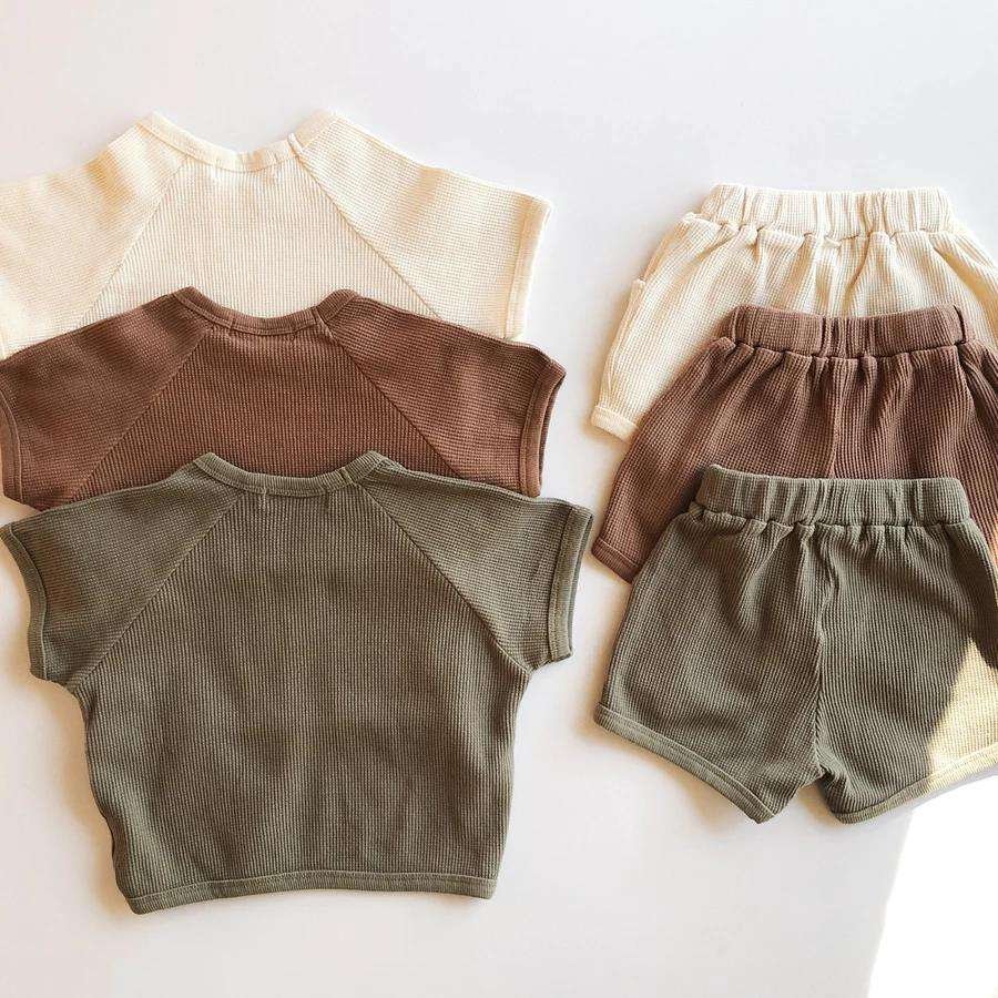 Toddler Baby Clothing Sets Soft Waffle Raglan Short Sleeves Summer Jumper Sets Play Set For Boys