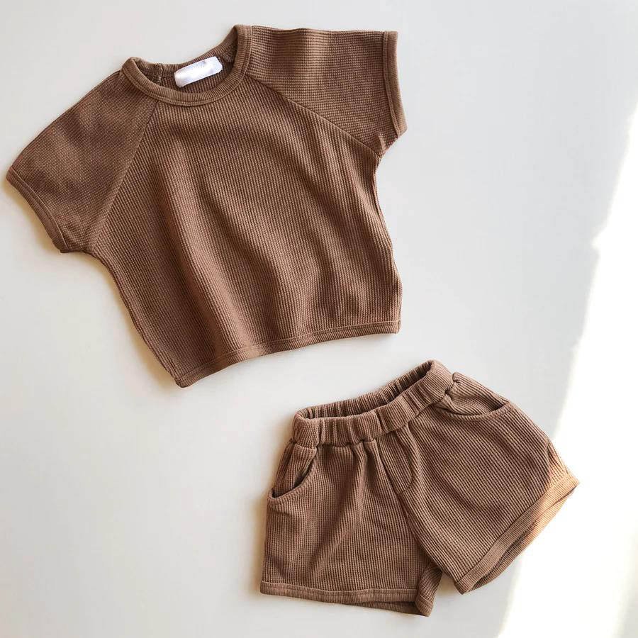 Toddler Baby Clothing Sets Soft Waffle Raglan Short Sleeves Summer Jumper Sets Play Set For Boys