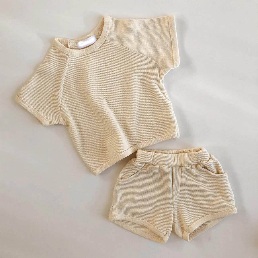 Toddler Baby Clothing Sets Soft Waffle Raglan Short Sleeves Summer Jumper Sets Play Set For Boys