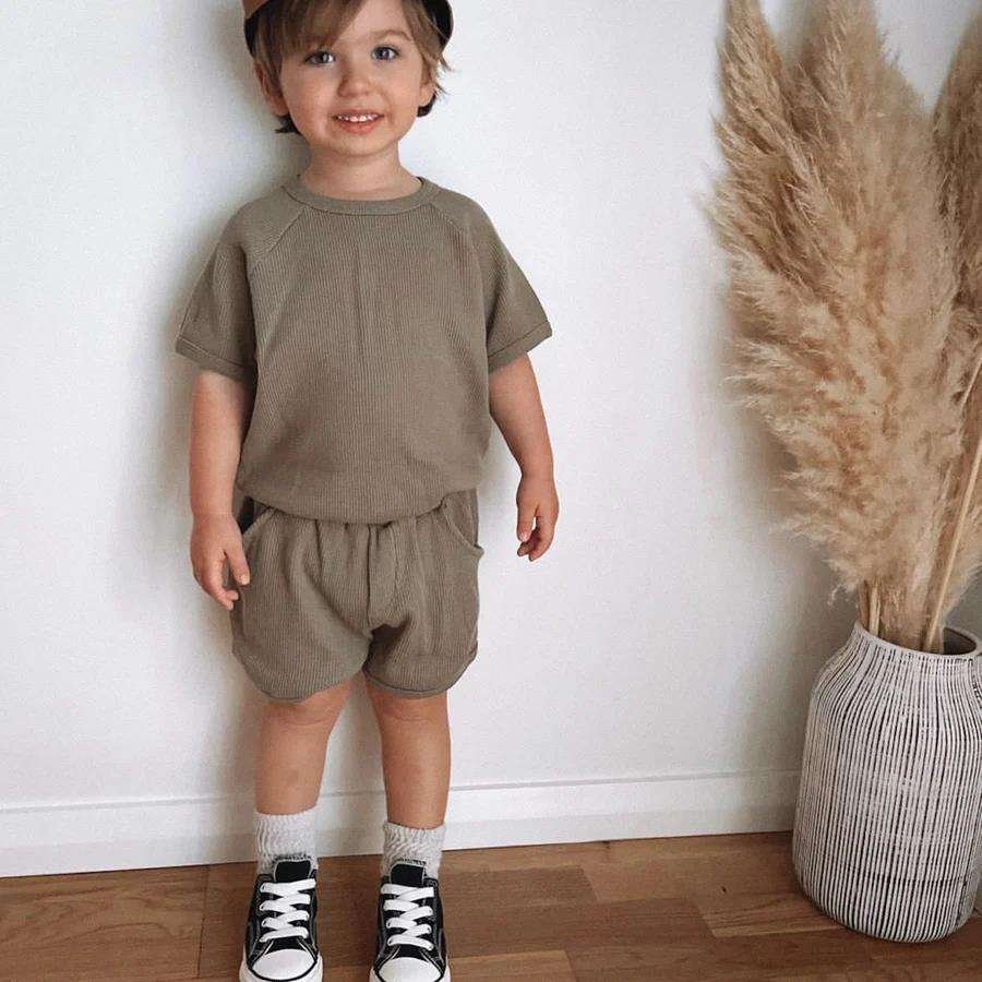 Toddler Baby Clothing Sets Soft Waffle Raglan Short Sleeves Summer Jumper Sets Play Set For Boys