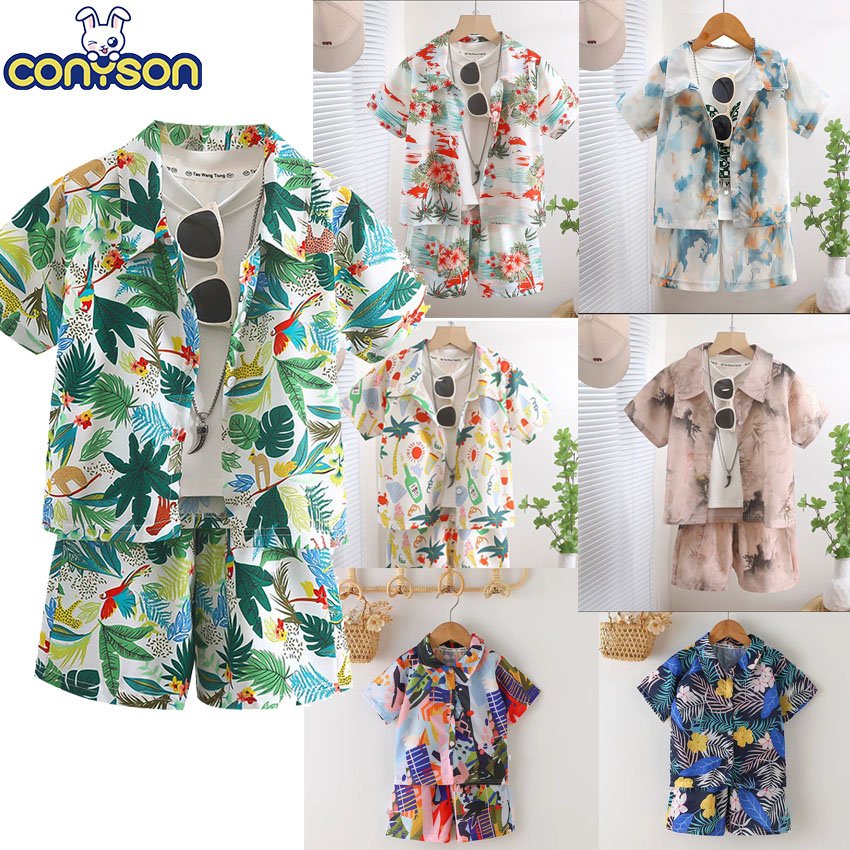 Conyson Factory New Fashion Boys' Lapel Short-sleeved Beach Print 2Pcs Holiday Flower Shirt+Shorts Boy Matching Kids Boy Set