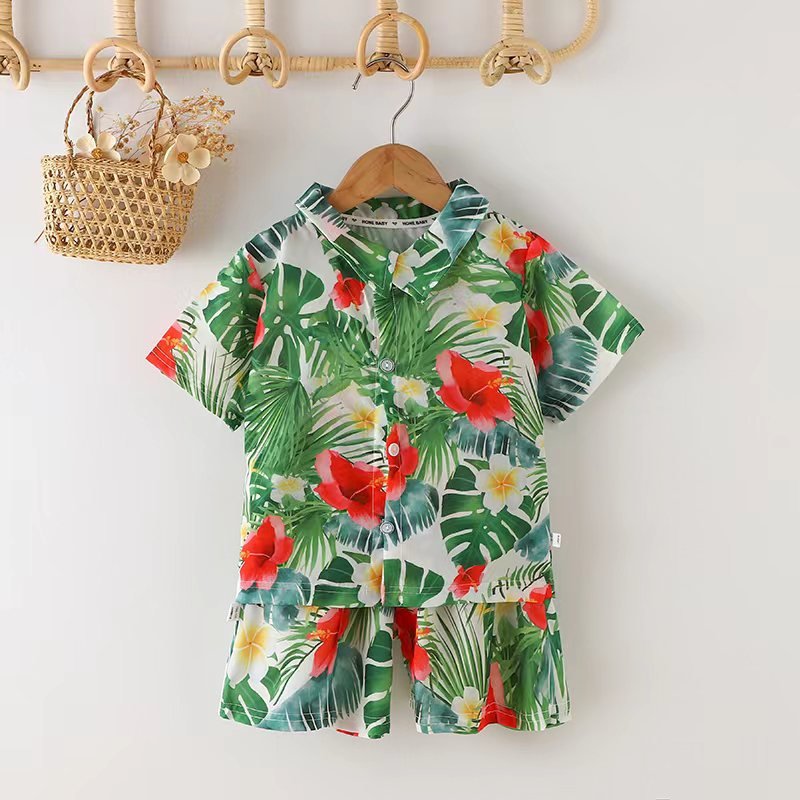 Conyson Factory New Fashion Boys' Lapel Short-sleeved Beach Print 2Pcs Holiday Flower Shirt+Shorts Boy Matching Kids Boy Set