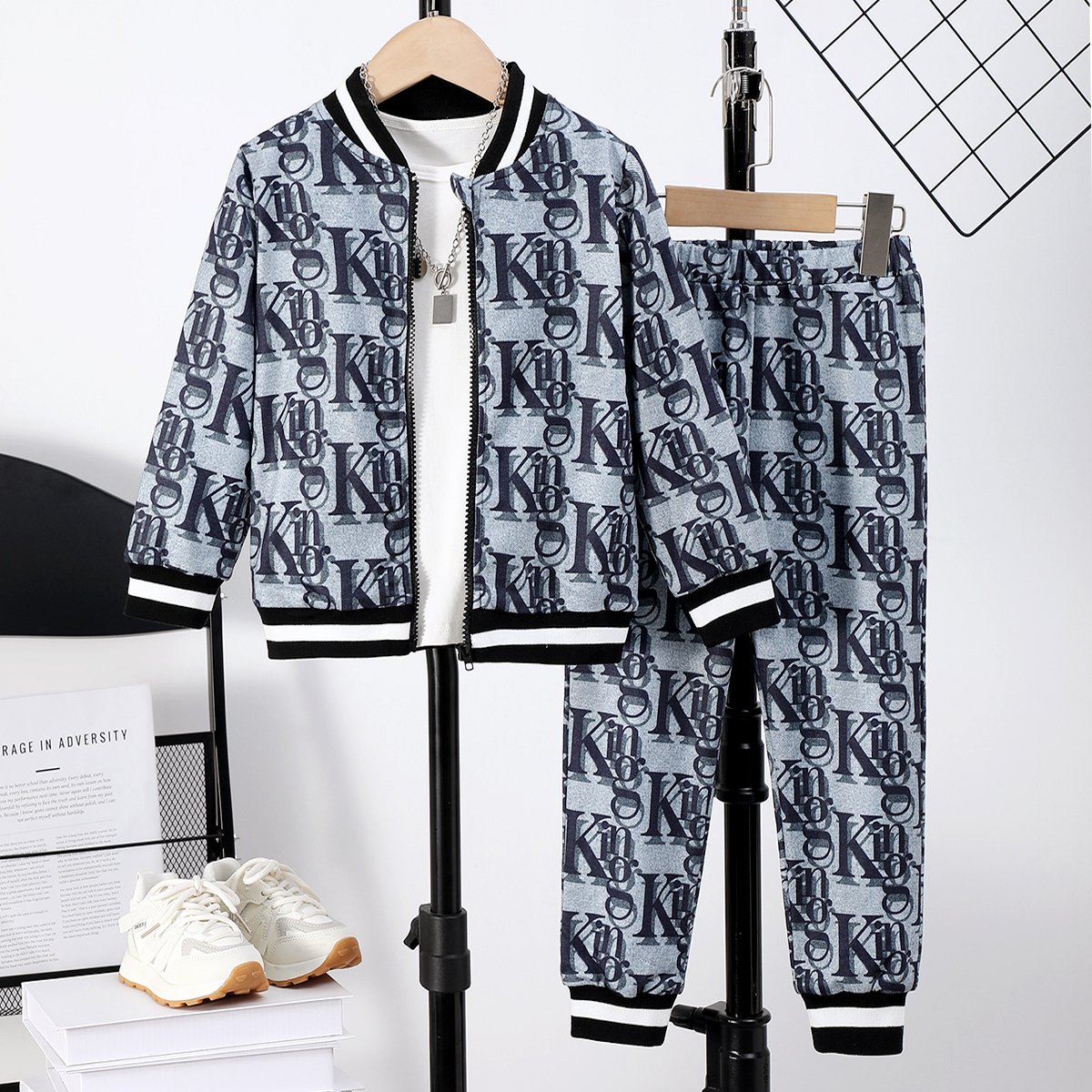 Wholesale price boys girls stand collar zipper placket print sleeve jacket coat and pants 2 pieces casual clothing set for kids
