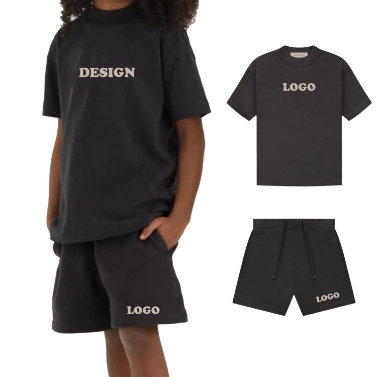 Custom Spring Summer Plain Blank Branded Boy Kids Children Clothes Clothing Cotton T-Shirt Shorts Two Pieces Set For Kid