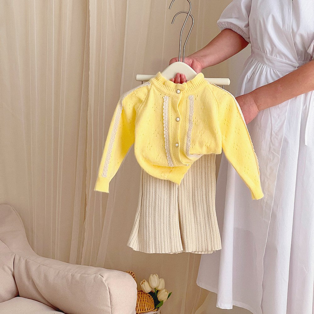 Yellow Girls clothing knitted cardigan Girls set Sweaters pant two-piece set coat Girl's clothing preppy look 2 years 3 years
