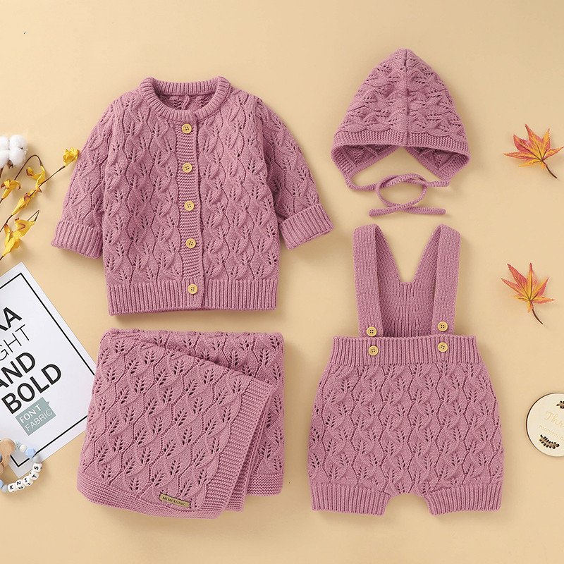 Baby Infant Clothes Girl Clothing Set Solid Color Knitted Newborn Romper Coat Hat Blanket 4pcs Set