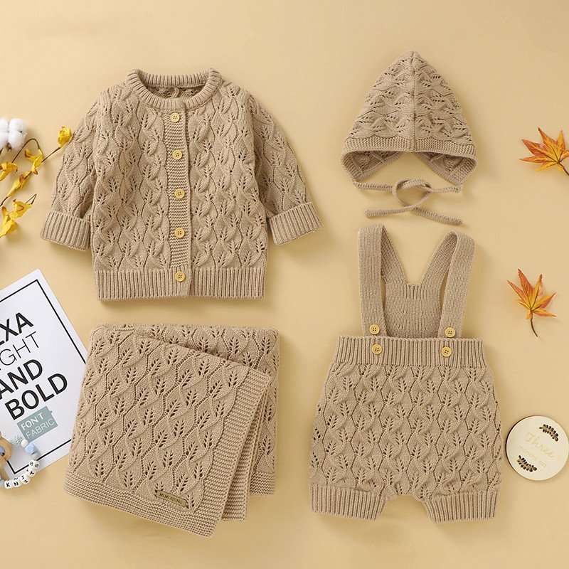 Baby Infant Clothes Girl Clothing Set Solid Color Knitted Newborn Romper Coat Hat Blanket 4pcs Set