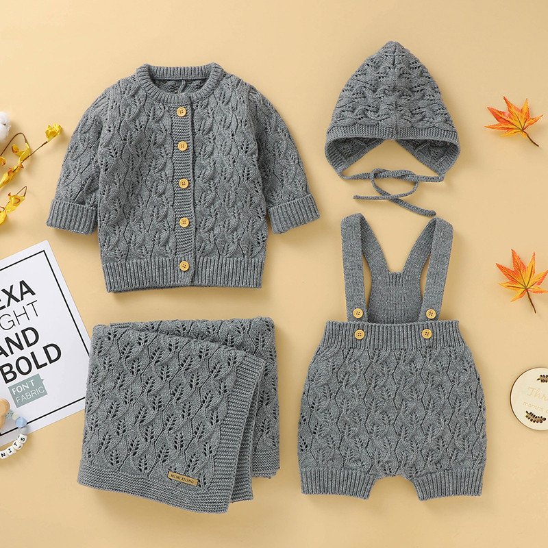 Baby Infant Clothes Girl Clothing Set Solid Color Knitted Newborn Romper Coat Hat Blanket 4pcs Set