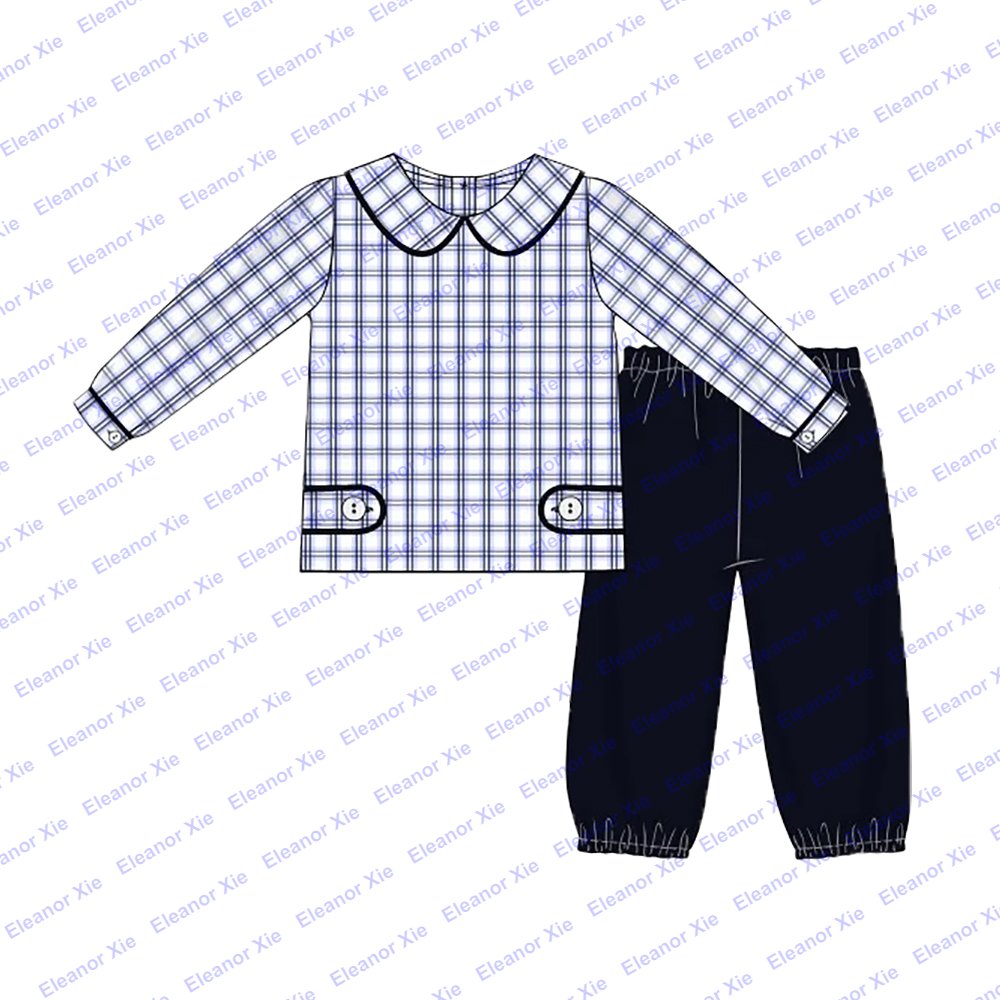 Embroidered navy plaid tab collared children boys clothing sets winter matching woven cotton baby toddler boy pants set