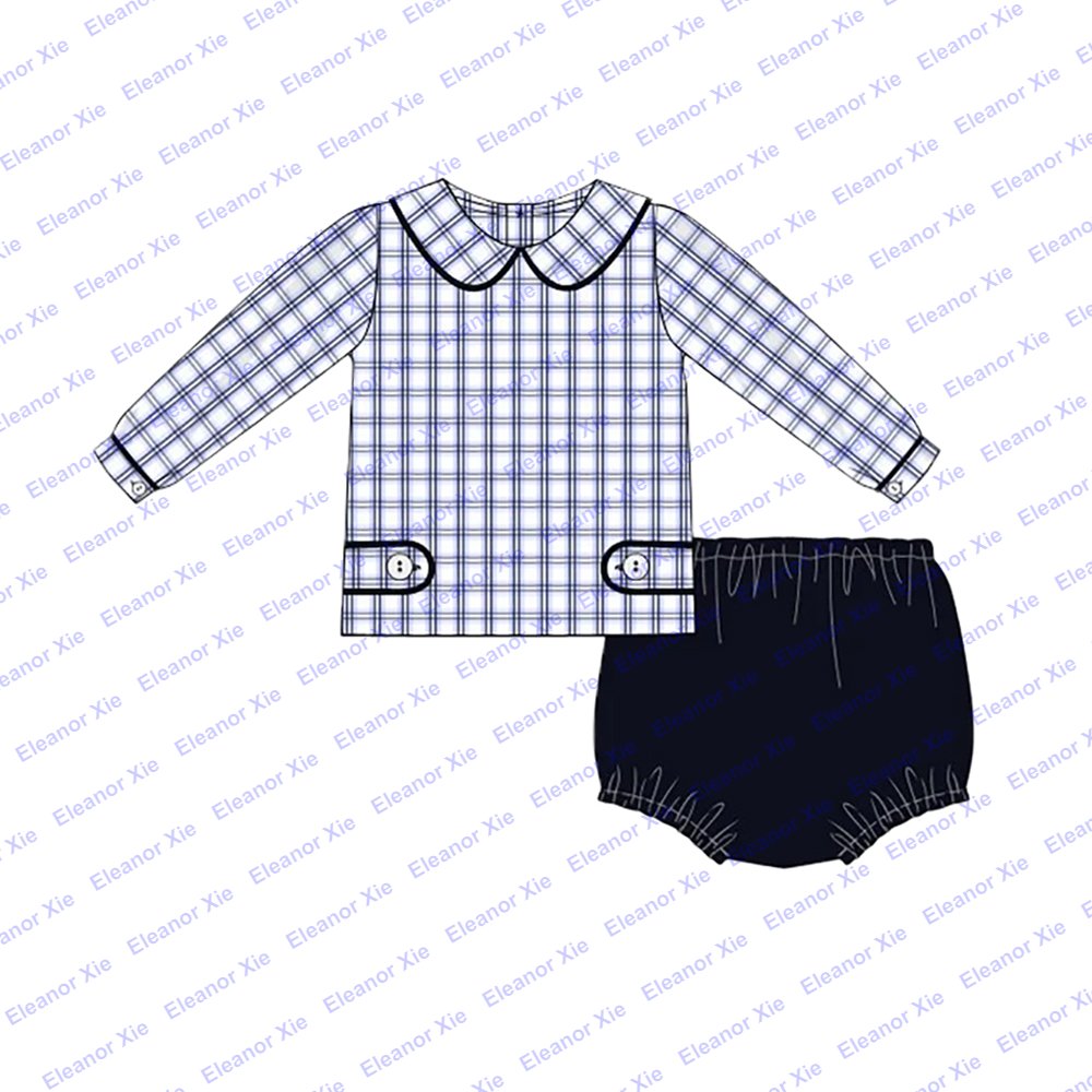 Embroidered navy plaid tab collared children boys clothing sets winter matching woven cotton baby toddler boy pants set