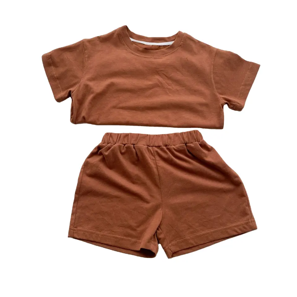 Hot Sale Casual Summer Girls Clothing Set Solid Color kids oversized cotton t shirt unisex kids oversized two piece sweatshirt