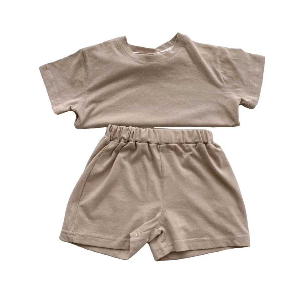 Hot Sale Casual Summer Girls Clothing Set Solid Color kids oversized cotton t shirt unisex kids oversized two piece sweatshirt