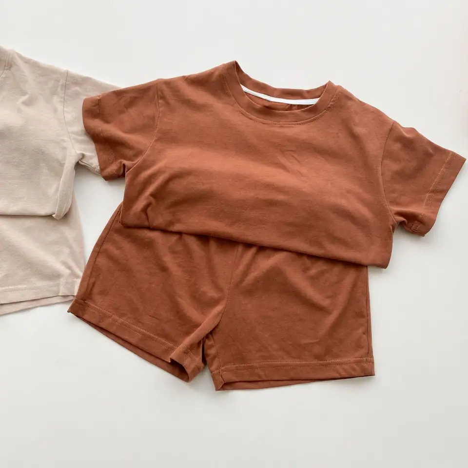 Hot Sale Casual Summer Girls Clothing Set Solid Color kids oversized cotton t shirt unisex kids oversized two piece sweatshirt
