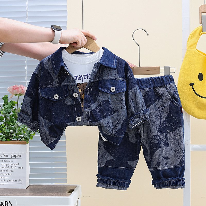 Autumn Kids Clothing Jacquard Denim Long Sleeve Cardigan Jacket Cartoon T-shirt Jeans Boys Clothing Sets Children's Clothing