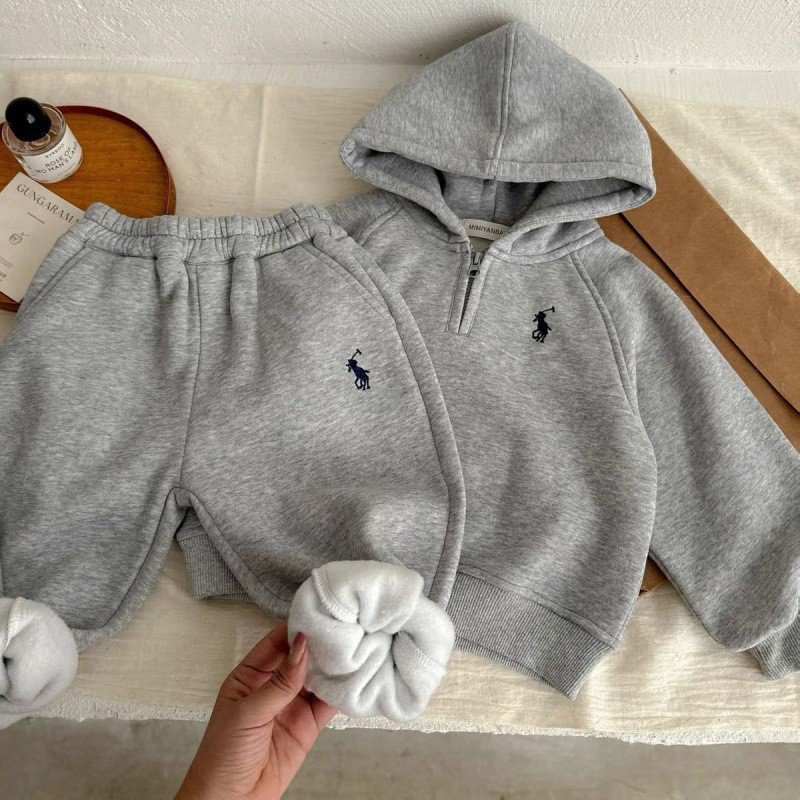 Children sweatshirt and sweatpants suit thickened 2024 autumn and winter boys and girls two-piece baby hooded suit