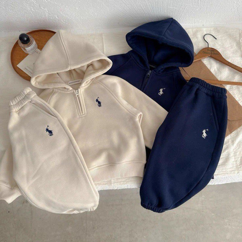Children sweatshirt and sweatpants suit thickened 2024 autumn and winter boys and girls two-piece baby hooded suit