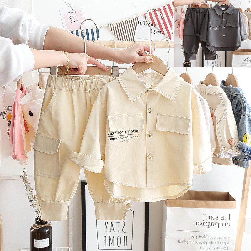 New style spring autumn Boys long sleeve letter printed pocket shirt jacket coat+ pants 2 pieces clothing set