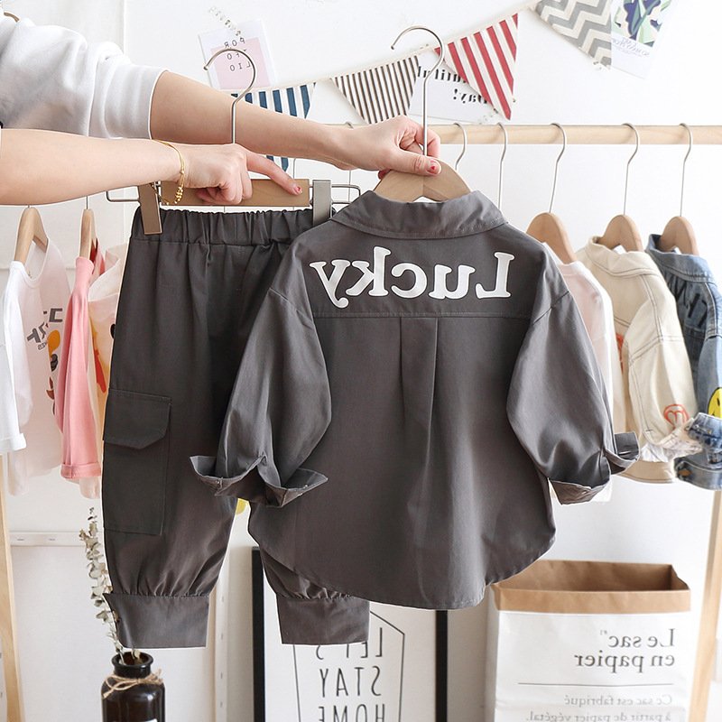 New style spring autumn Boys long sleeve letter printed pocket shirt jacket coat+ pants 2 pieces clothing set