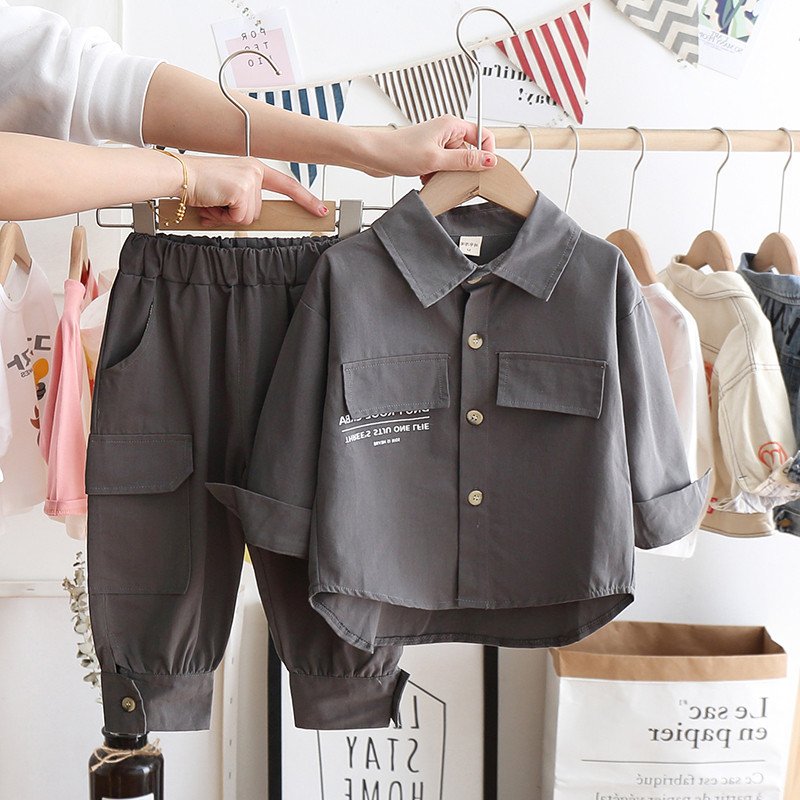 New style spring autumn Boys long sleeve letter printed pocket shirt jacket coat+ pants 2 pieces clothing set
