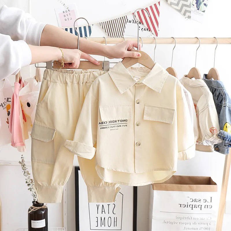 New style spring autumn Boys long sleeve letter printed pocket shirt jacket coat+ pants 2 pieces clothing set