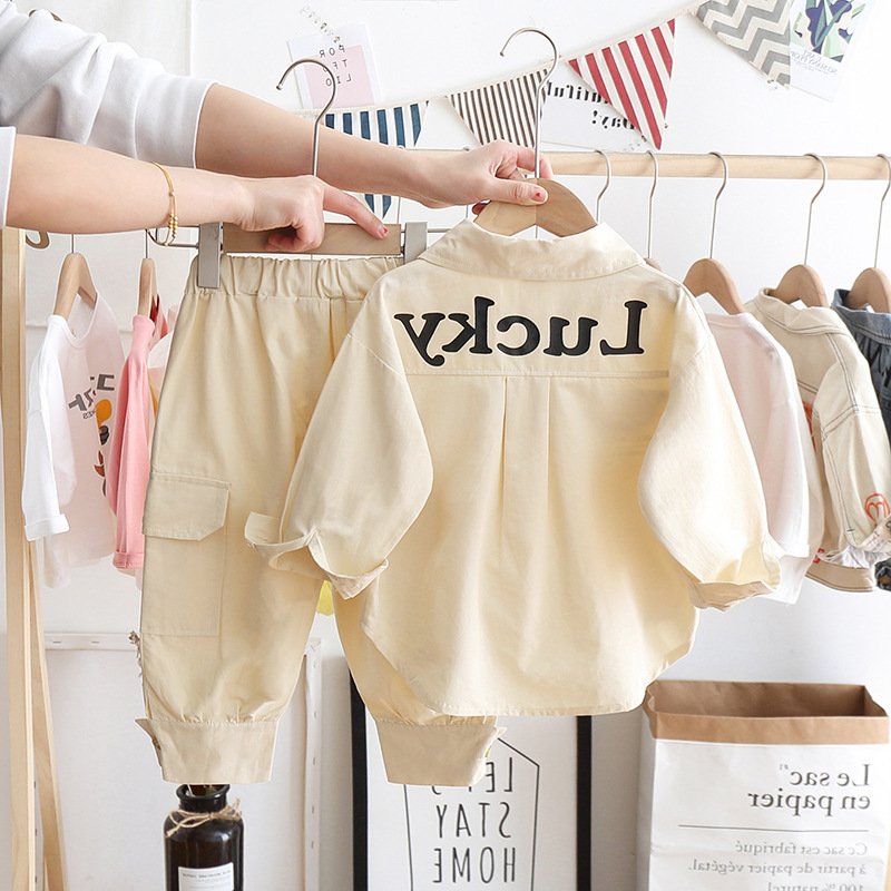 New style spring autumn Boys long sleeve letter printed pocket shirt jacket coat+ pants 2 pieces clothing set