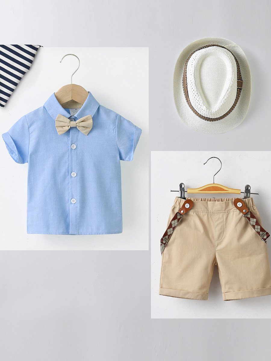 2pcs/set New children clothing summer short sleeved bow tie overalls baby clothing baby boy set