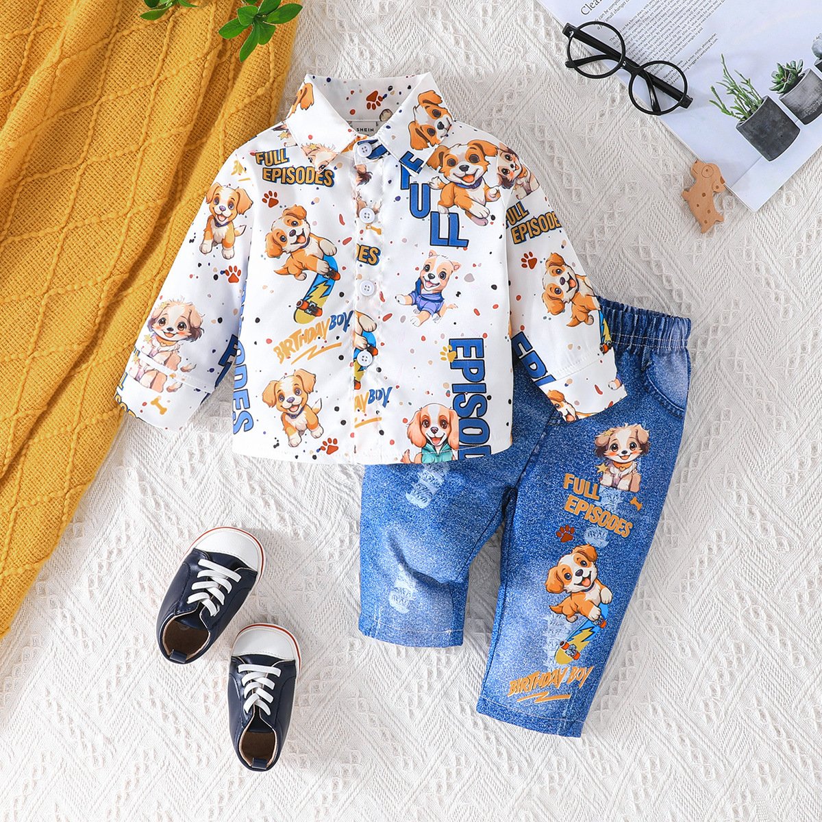 2024 Cross-Border Two-Piece Set 1-3-Year-Olds Spring Autumn Baby New Long Sleeve Shirt Pants Casual Cotton Dress Printed Pattern