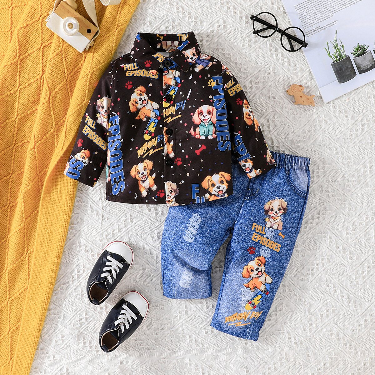 2024 Cross-Border Two-Piece Set 1-3-Year-Olds Spring Autumn Baby New Long Sleeve Shirt Pants Casual Cotton Dress Printed Pattern