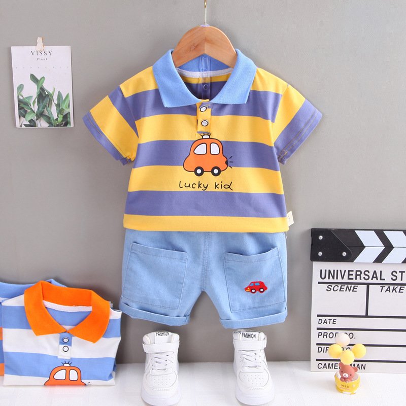 Children baby toddler summer cartoon polo shirt short sleeve suit two piece baby boy clothing sets