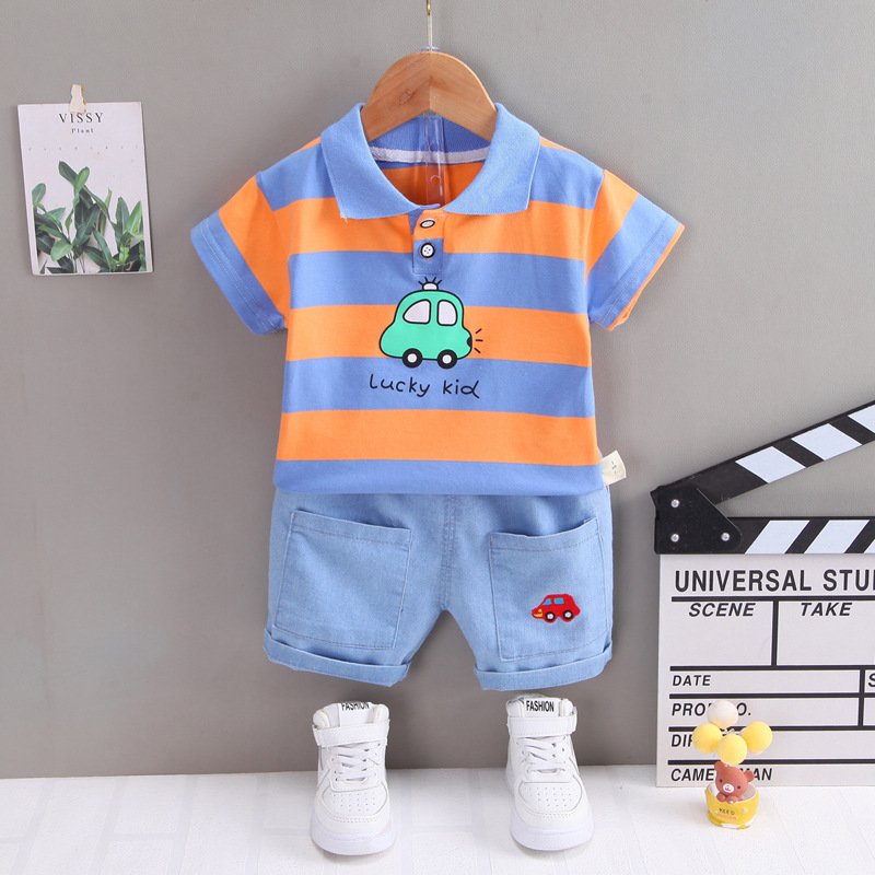 Children baby toddler summer cartoon polo shirt short sleeve suit two piece baby boy clothing sets