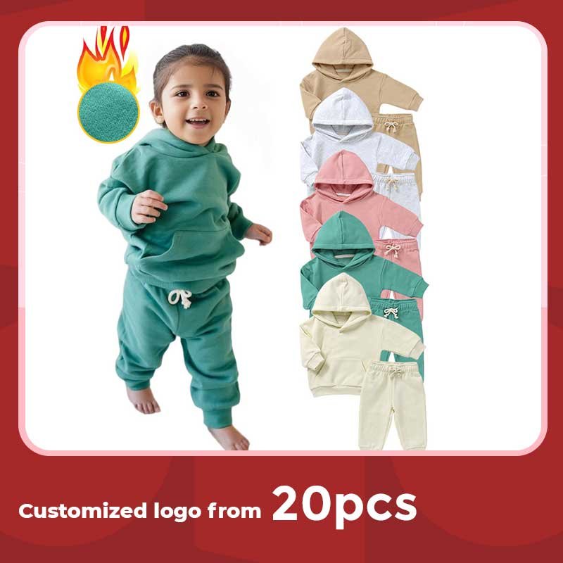 Customized logo from 20pcs Baby Clothing Set Neutral Organic Cotton Kids Hooded Top And Pants Set French Terry Baby Sweater Set