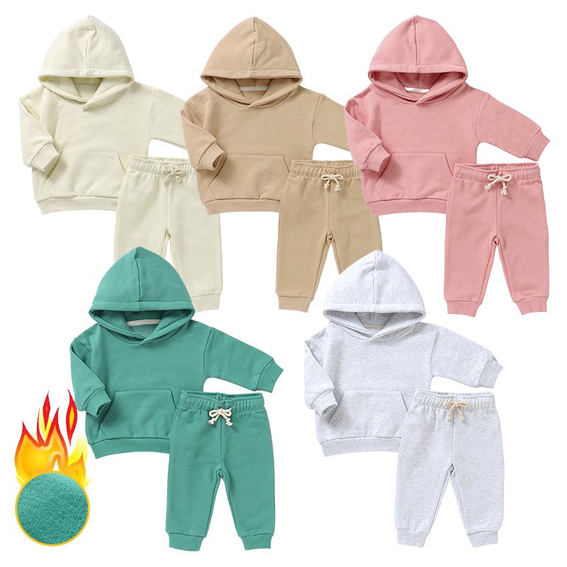 Customized logo from 20pcs Baby Clothing Set Neutral Organic Cotton Kids Hooded Top And Pants Set French Terry Baby Sweater Set