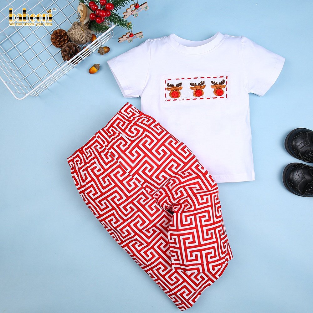 Nice reindeer smocked pants set for boys ODM OEM wholesale smocked children clothing set Babeeni brand - BB742