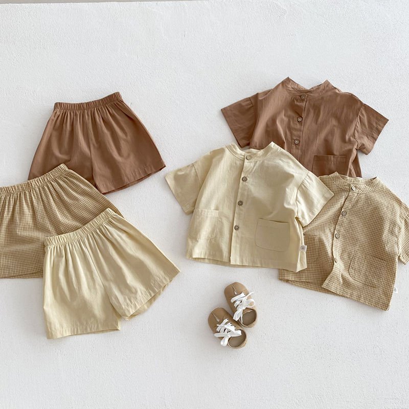 Summer Toddler Baby Thin Solid Color Short-Sleeved Shirt And Shorts Suit Children Casual Home wear Clothing Set
