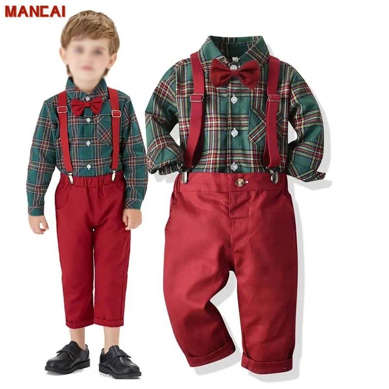 Boy Christmas Outfit Button Up Plaid Shirt Tops Suspender Pants Toddler Baby Clothes Child Gentleman Suit Kids Christmas Clothes