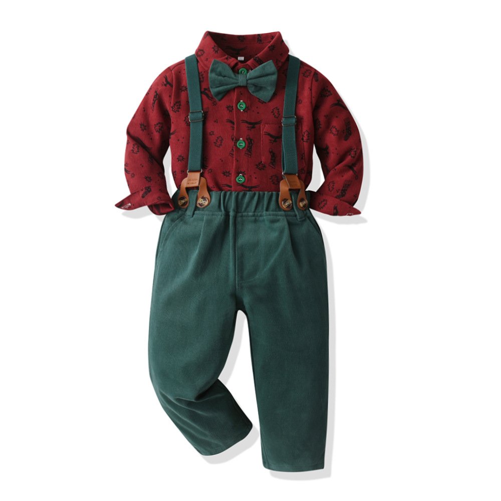 Boy Christmas Outfit Button Up Plaid Shirt Tops Suspender Pants Toddler Baby Clothes Child Gentleman Suit Kids Christmas Clothes