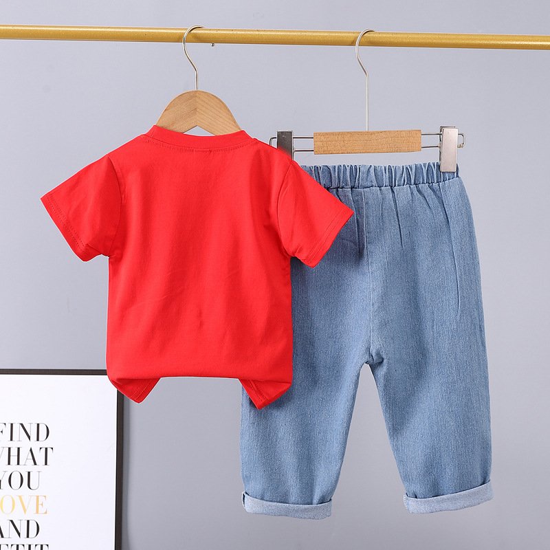 Summer wholesale jeans two-piece set children letter fashion new red