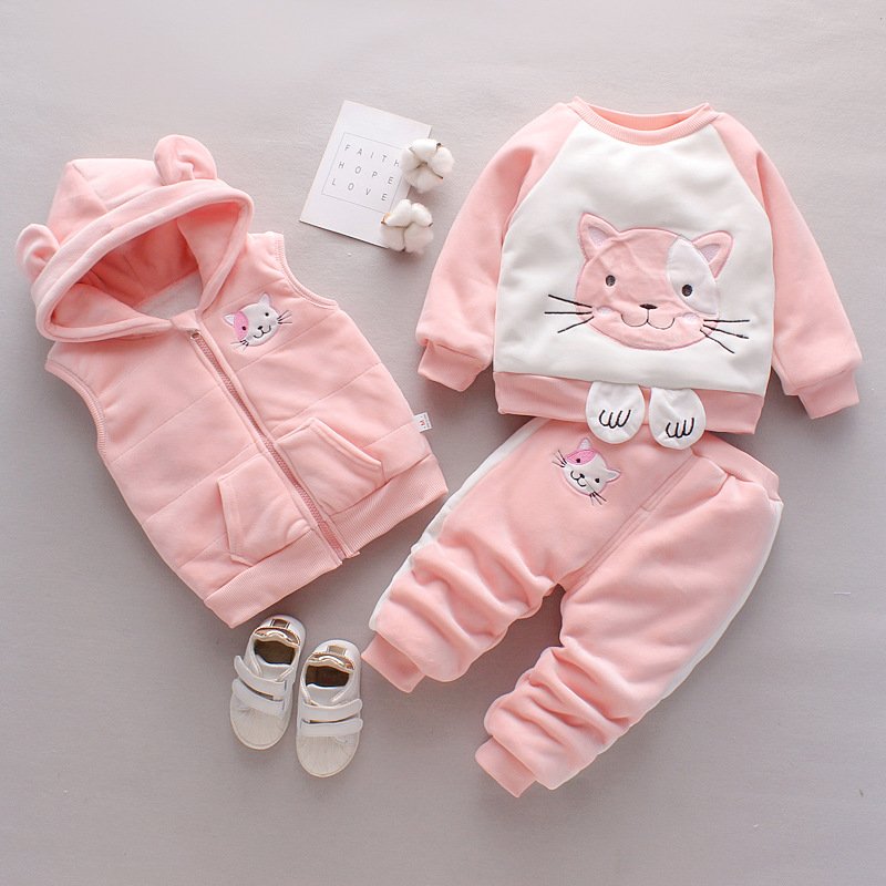 2023 Baby Warm Clothing Toddler Fleece Thick Sets Cartoon Long Sleeve Pullover Zipper Hooded Vest Pants 3Pcs Winter Kids Clothes