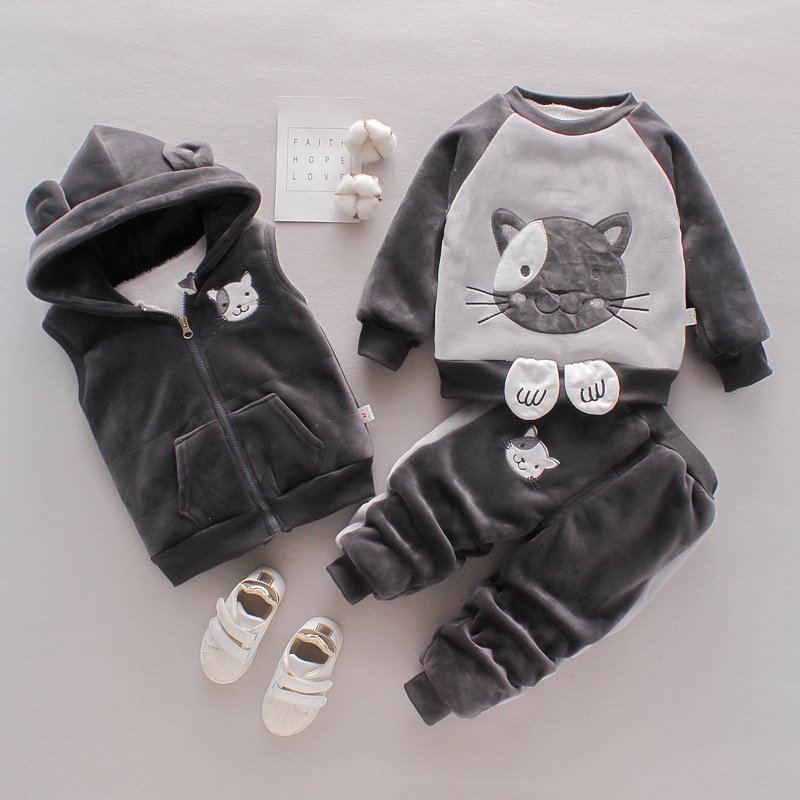 2023 Baby Warm Clothing Toddler Fleece Thick Sets Cartoon Long Sleeve Pullover Zipper Hooded Vest Pants 3Pcs Winter Kids Clothes