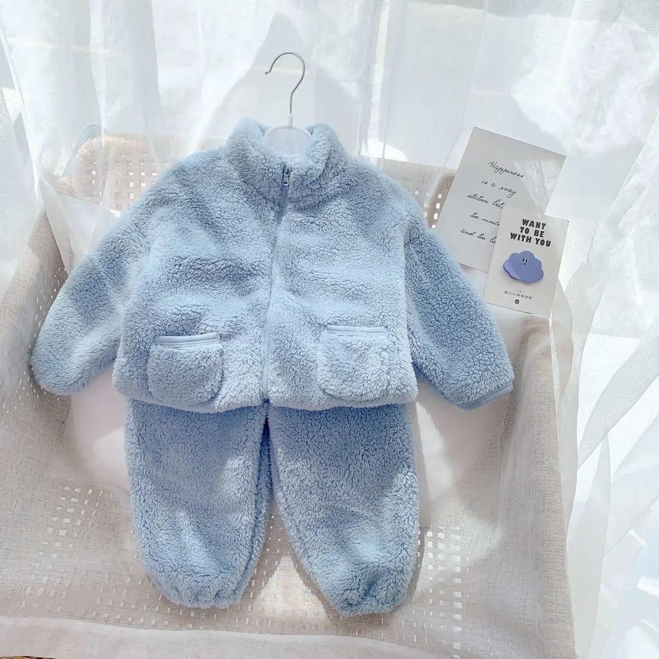 Hot Sale Comfort Soft coral fleece thick home wear baby boys girls suit clothing sets unisex
