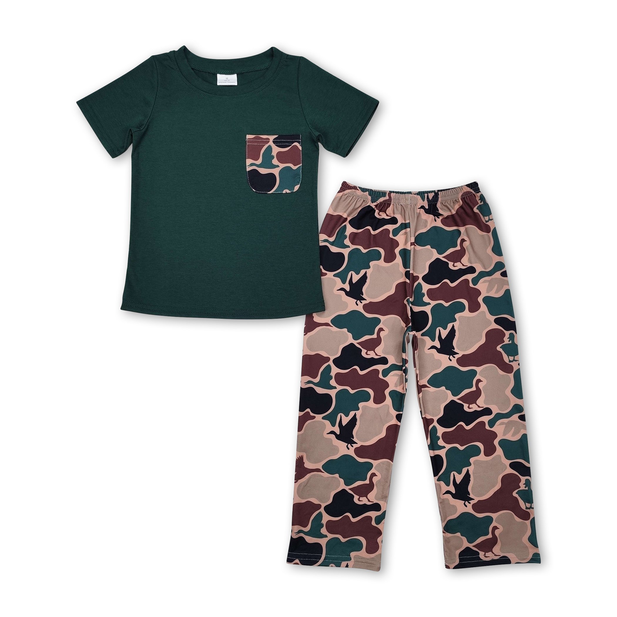 In Stock Dark Green Short-sleeved Top with Small Pockets and Bird-patterned Trousers two-piece suit for Kids boys Clothing Set