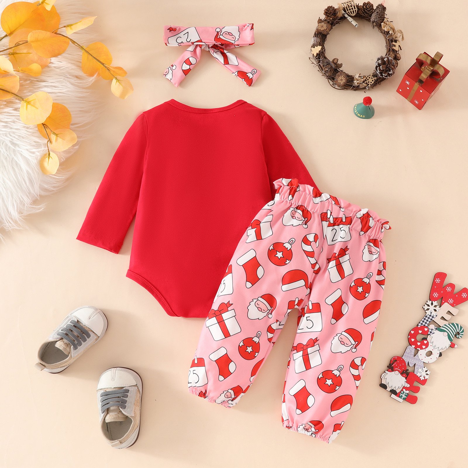 Factory Wholesale European And American Christmas Cartoon baby romper Long Sleeved Pajamas Autumn Toddle Girls Set
