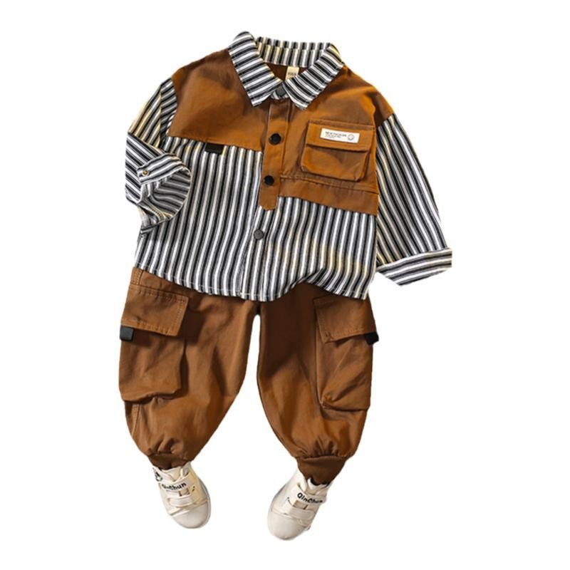 autumn long sleeve striped cotton shirt fashion casual denim pants wholesale 2pcs kids boys clothing sets