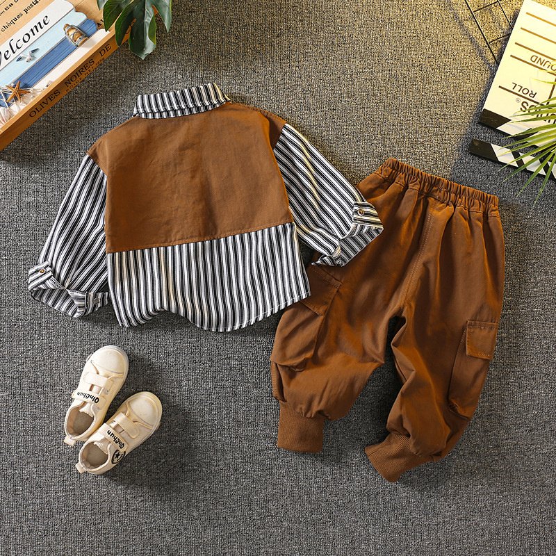autumn long sleeve striped cotton shirt fashion casual denim pants wholesale 2pcs kids boys clothing sets
