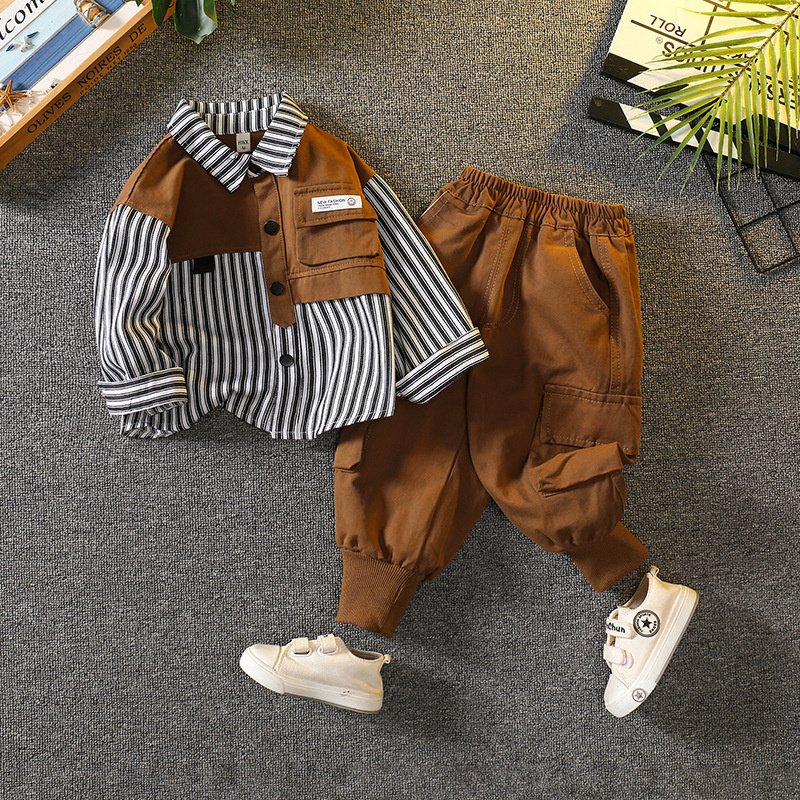 autumn long sleeve striped cotton shirt fashion casual denim pants wholesale 2pcs kids boys clothing sets