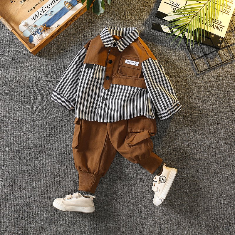 autumn long sleeve striped cotton shirt fashion casual denim pants wholesale 2pcs kids boys clothing sets