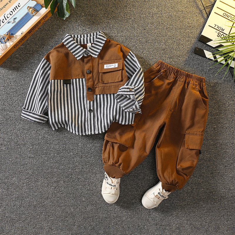 autumn long sleeve striped cotton shirt fashion casual denim pants wholesale 2pcs kids boys clothing sets