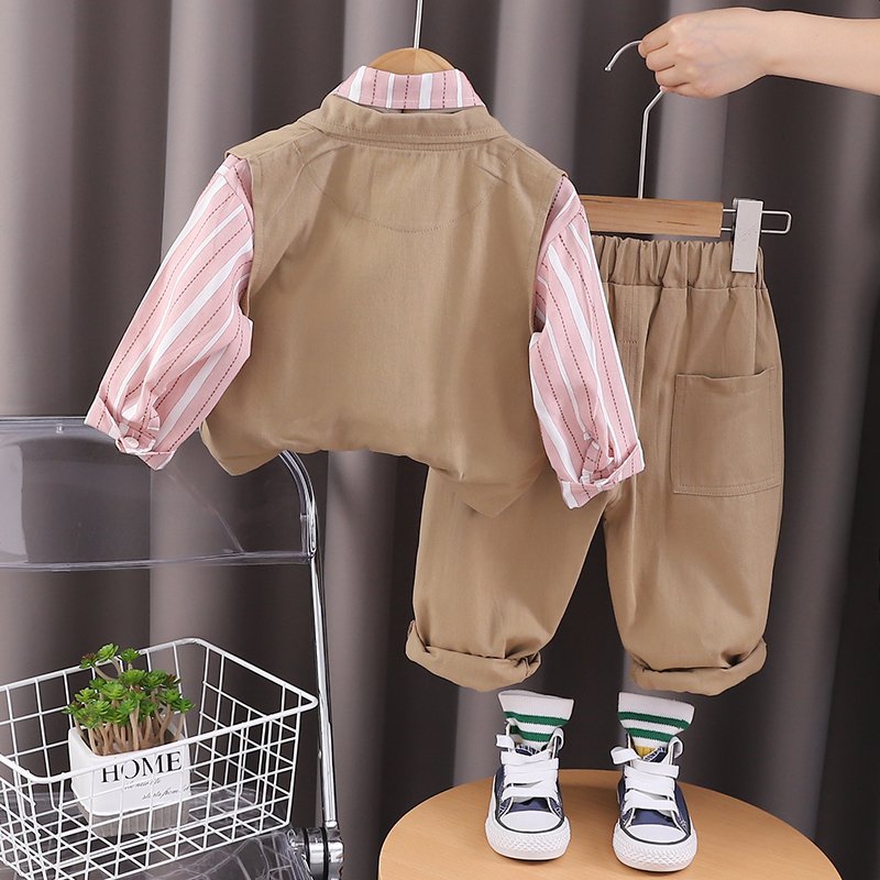 2024 Autumn/Winter Boys' Cotton Three-Piece Set Casual Long Sleeve Top Tie Trim Waistcoat Outdoor Pants Korean Style Suit Kids