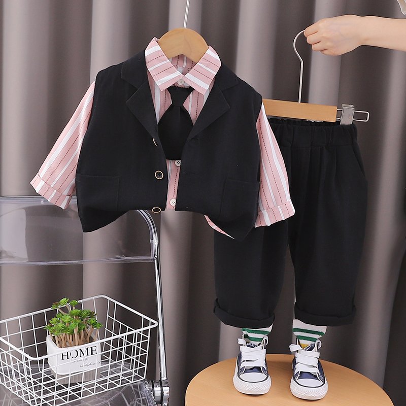 2024 Autumn/Winter Boys' Cotton Three-Piece Set Casual Long Sleeve Top Tie Trim Waistcoat Outdoor Pants Korean Style Suit Kids