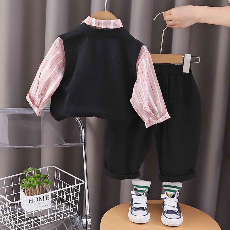 2024 Autumn/Winter Boys' Cotton Three-Piece Set Casual Long Sleeve Top Tie Trim Waistcoat Outdoor Pants Korean Style Suit Kids